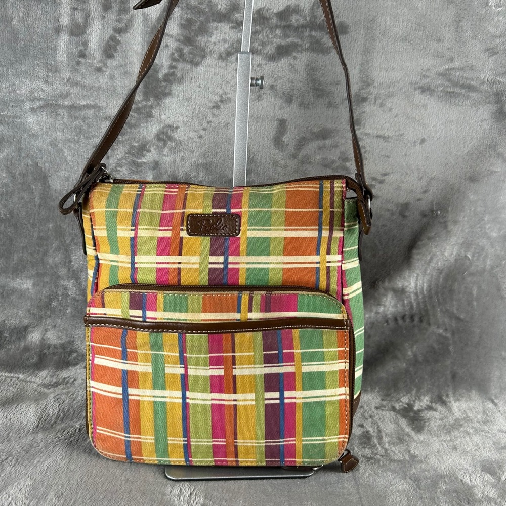 Relic Multi Color Plaid Canvas Crossbody Bag Brown Trim Adjustable Strap